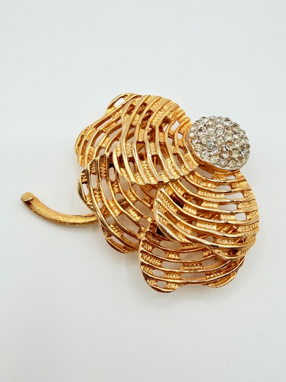 Corocraft Gold Tone Rhinestone Leaf Brooch Vintage Statement Pin